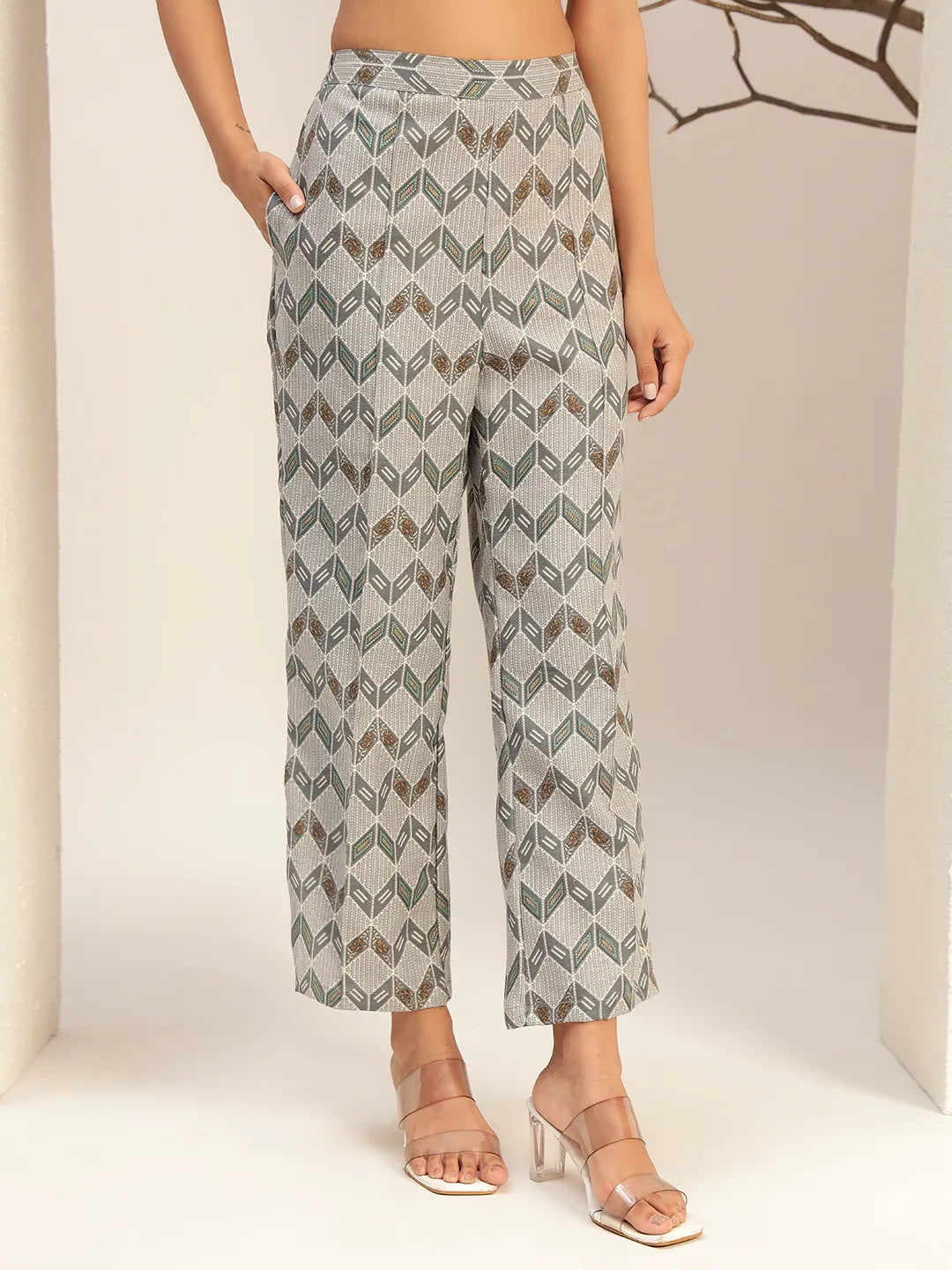 Grey Printed with V-Neck Causal Tunic & Trouser With Waistcoat Co-Ords